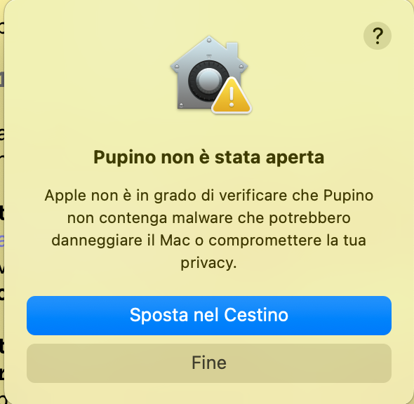 Finestra: Pupino non è stata aperta, con i pulsanti Sposta nel Cestino e Fine