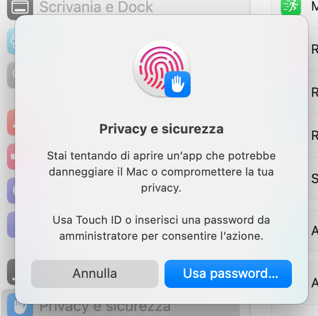 Richiesta di Touch ID o password da amministratore